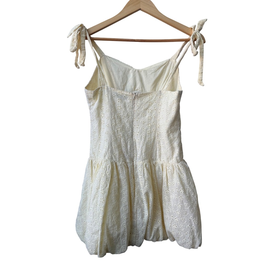 Nectar Butter Yellow Eyelet Lace Basque Waist Mini Dress Size L Bubble Hem Short - Picture 6 of 9